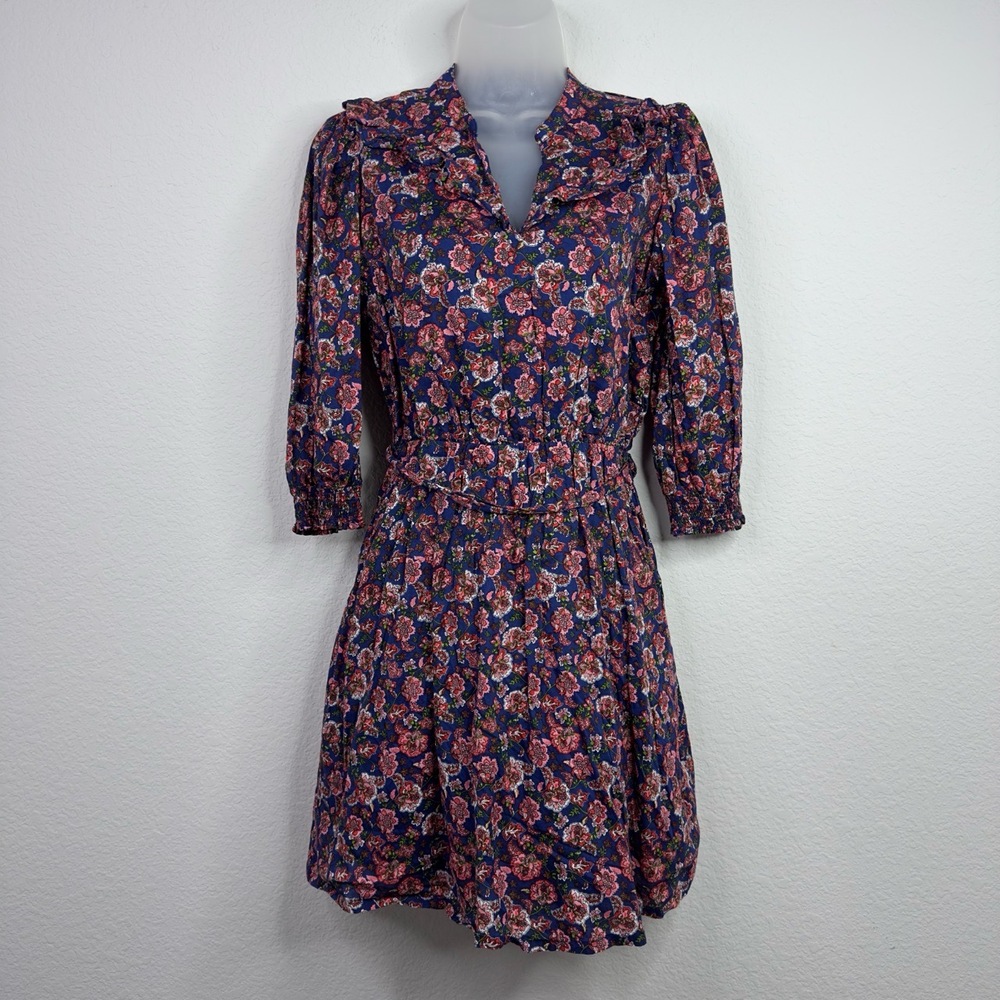 AQUA Dress‎ Womens XS Blue Floral Smocked Dark Romantic Prairie Boho Cottagecore